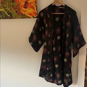 Black Kimono with Red and White Pattern 100% silk